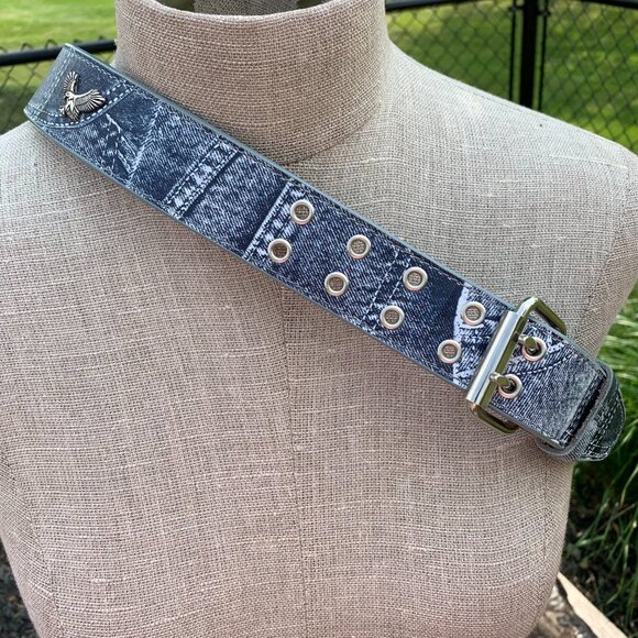 Vintage Y2K Denim Embossed Leather Silver Eagles Belt New - Picture 8 of 14